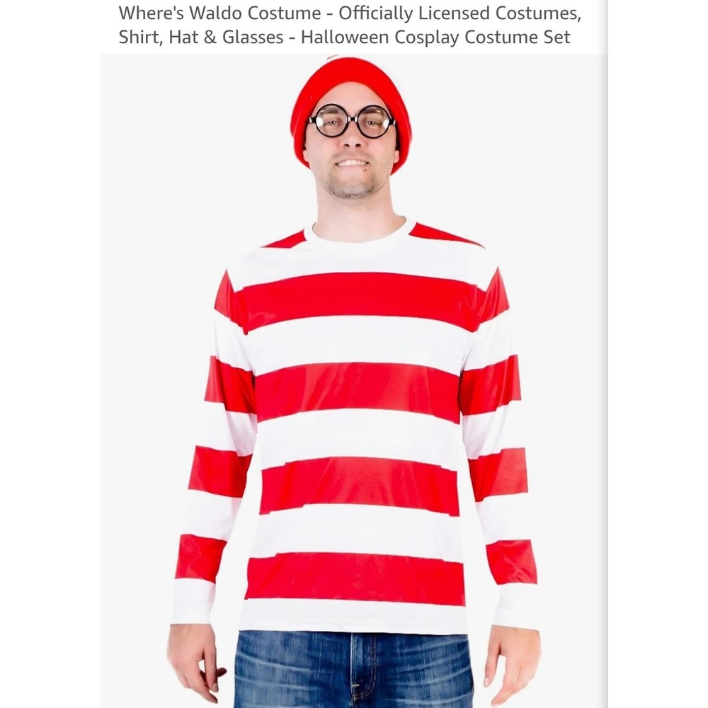 Adult Unisex Where's Waldo Halloween Cosplay Costume Set SZ: 2XL